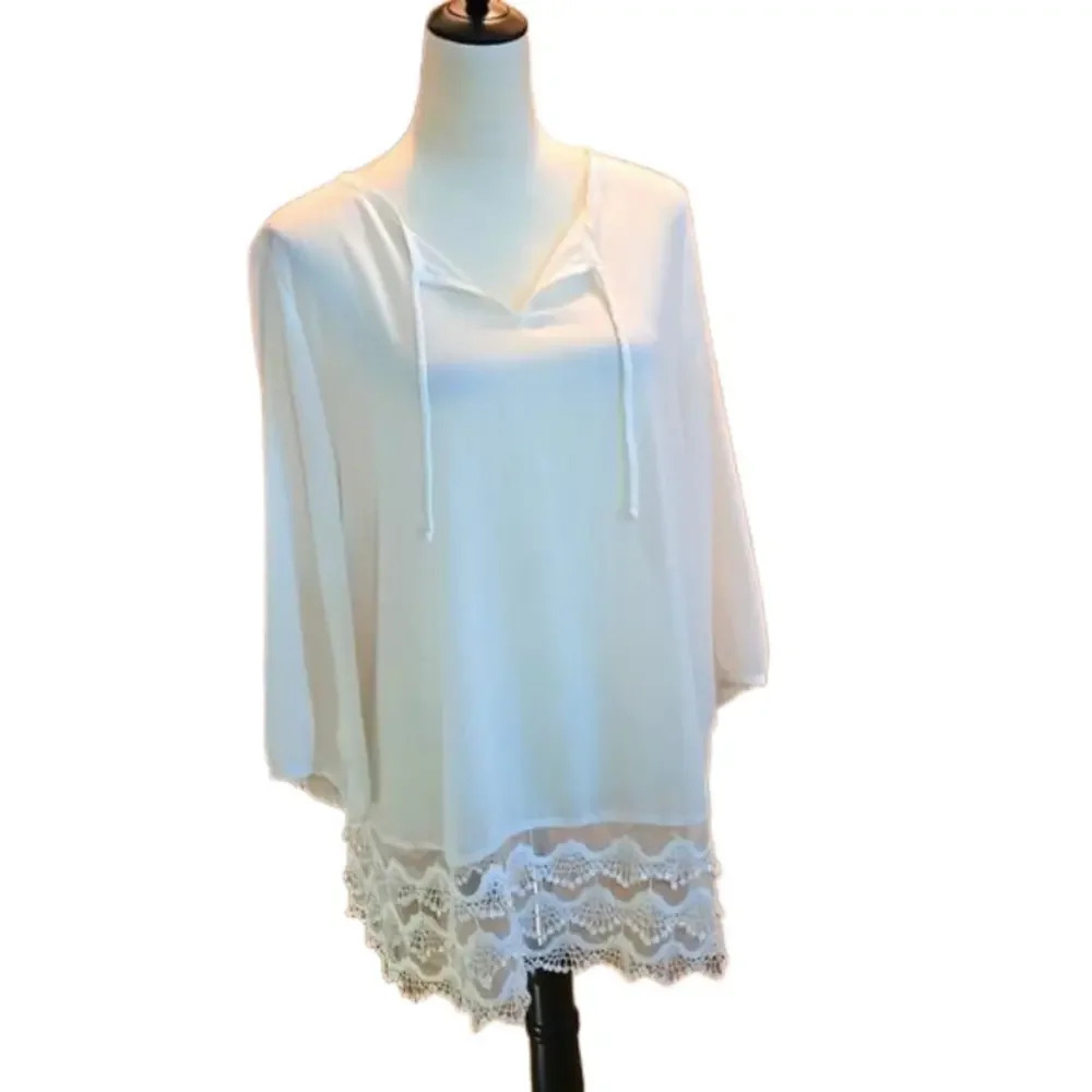 Chico's size 2 Semi Sheer White Top with Vneck tie string Women size M